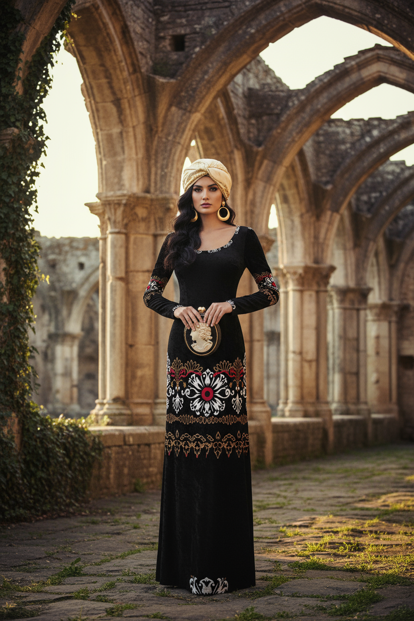 Woman wearing heritage style luxury maxi gown by Angelic Blessings Shop with intricate embroidery in historic stone archway