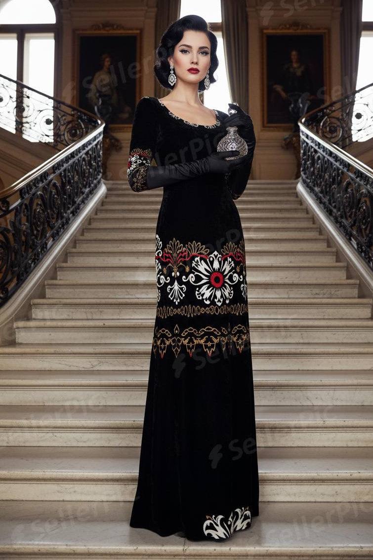 Heritage style luxury maxi gown in black with floral embroidery by Angelic Blessings Shop