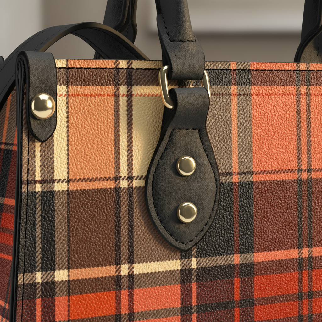 Angelic Blessings Shop heritage style women's handbag with brown and orange plaid pattern and black leather straps