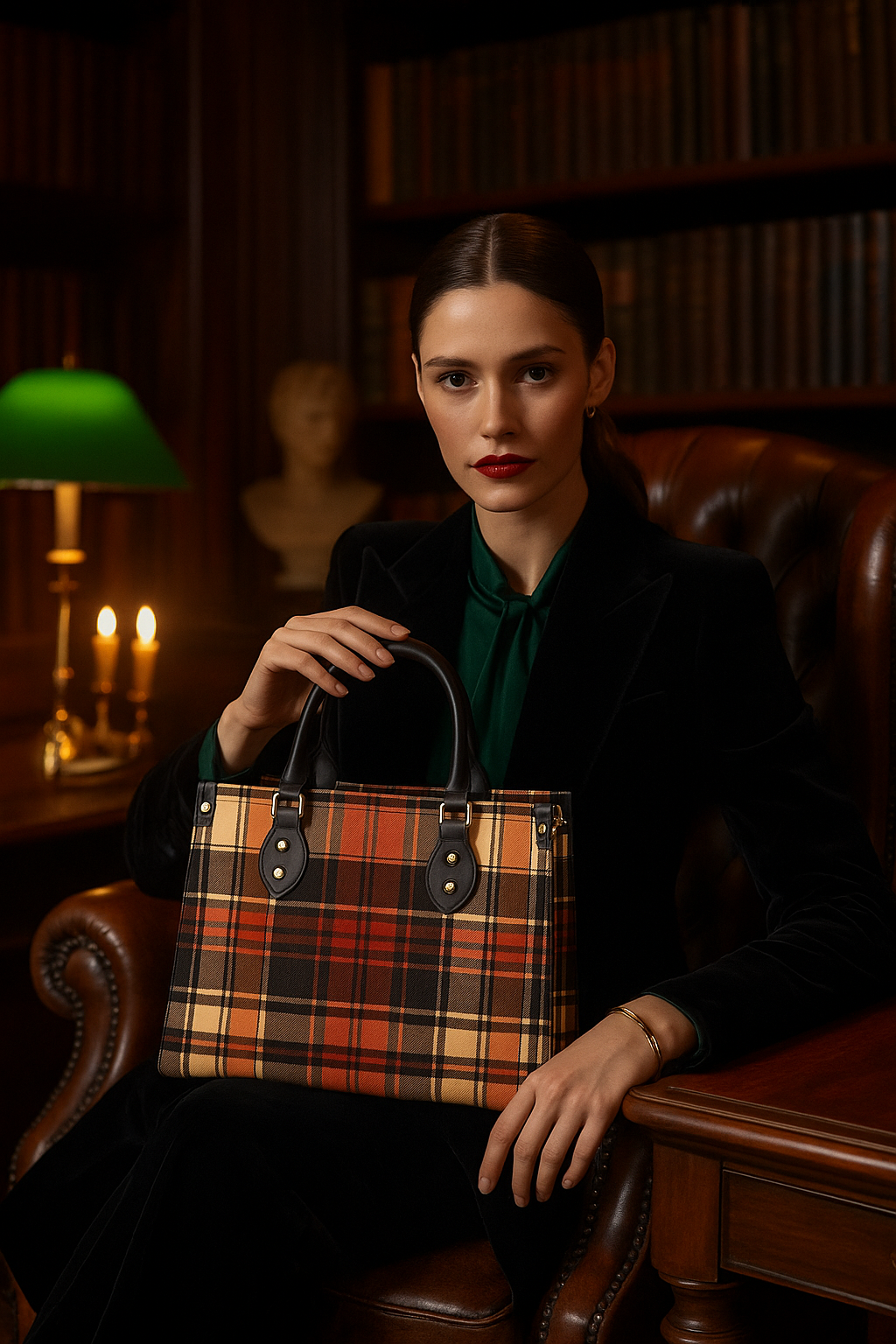 Woman holding heritage style women's handbag with orange plaid pattern and black handles in a vintage library setting