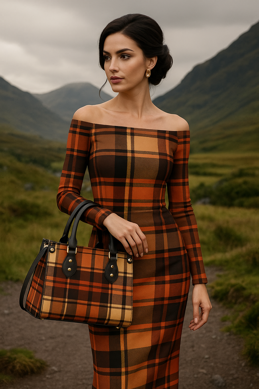 Woman holding heritage style women's handbag from Angelic Blessings Shop with plaid design outdoors