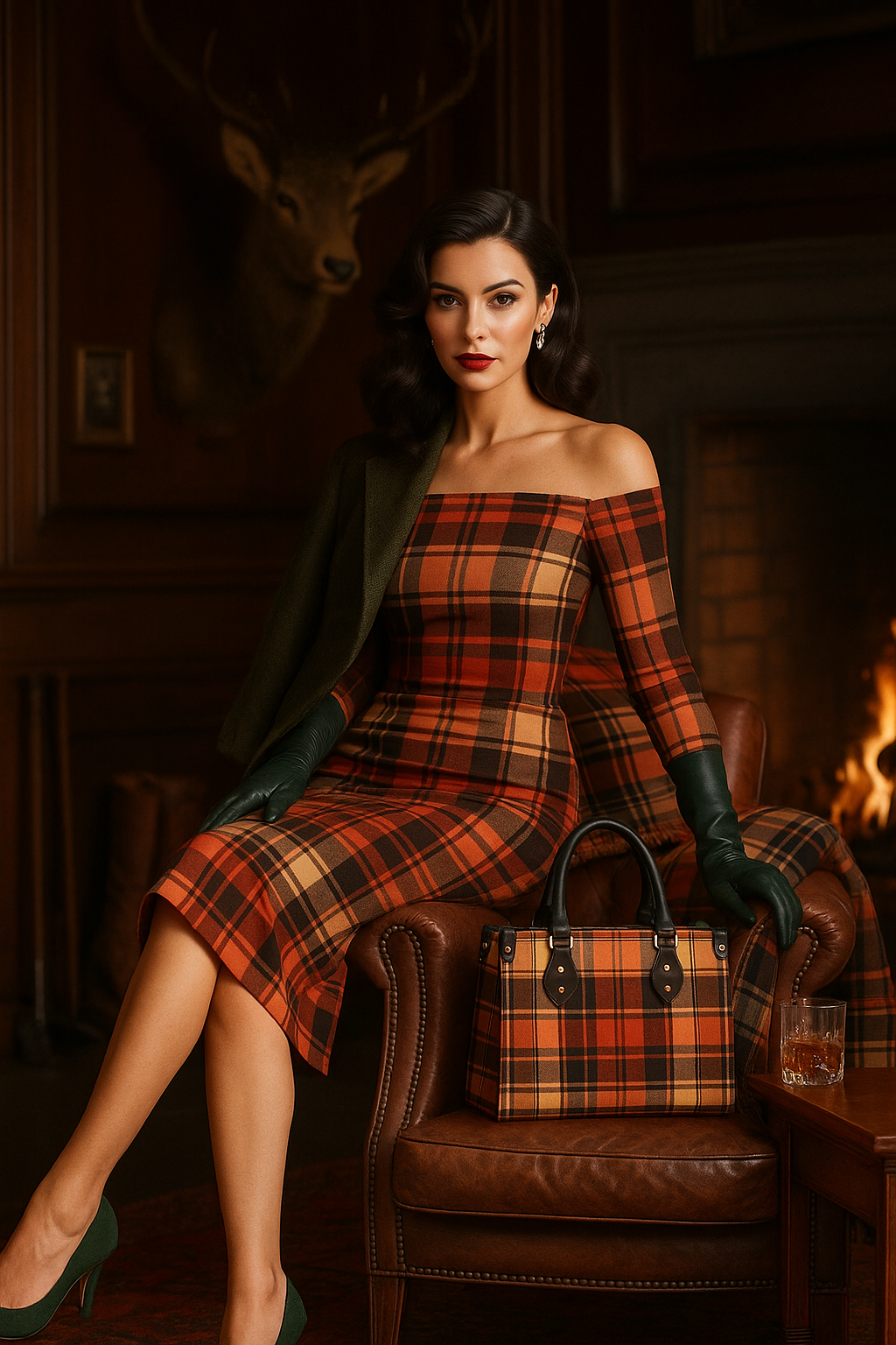 Heritage style women's handbag by Angelic Blessings Shop in orange plaid next to woman in matching dress