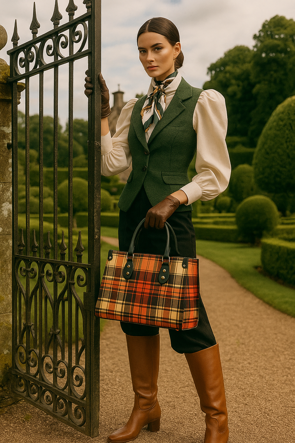 Woman holding a heritage style women's handbag with orange plaid pattern by Angelic Blessings Shop