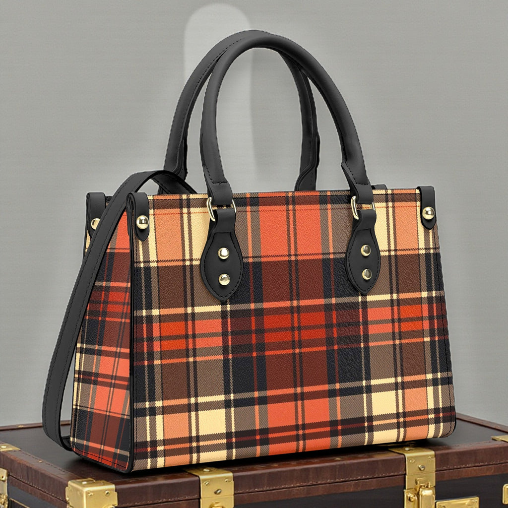 Angelic Blessings Shop heritage style women's handbag with orange plaid pattern and black handles