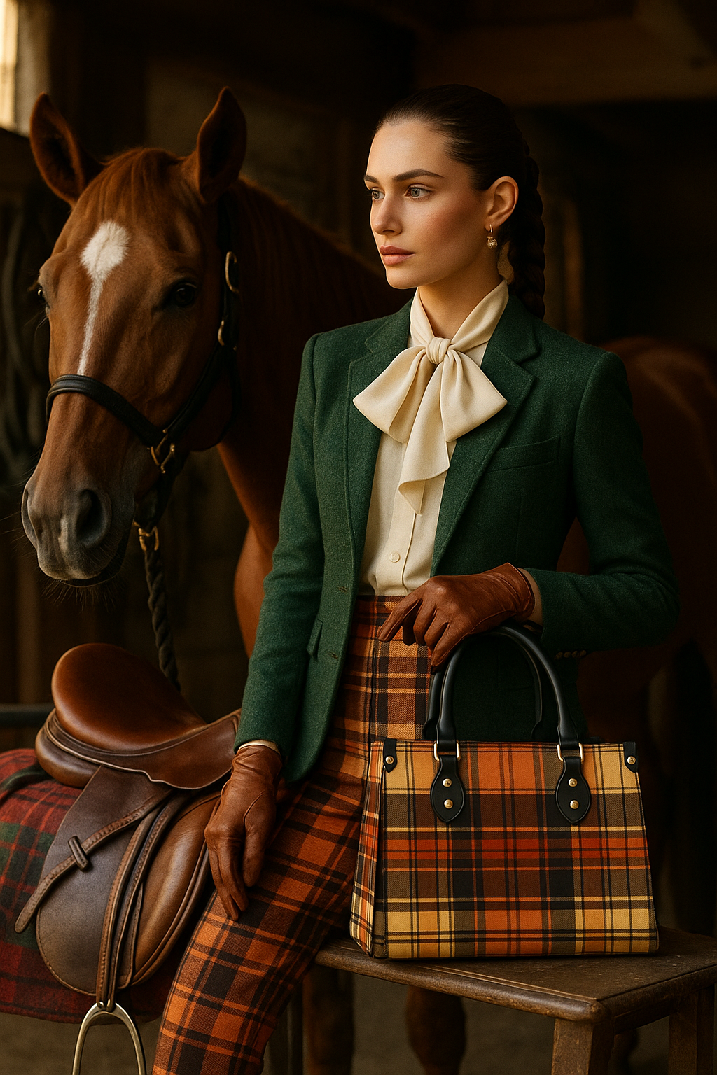 Heritage style women's handbag with plaid design and black handles held by woman in equestrian outfit