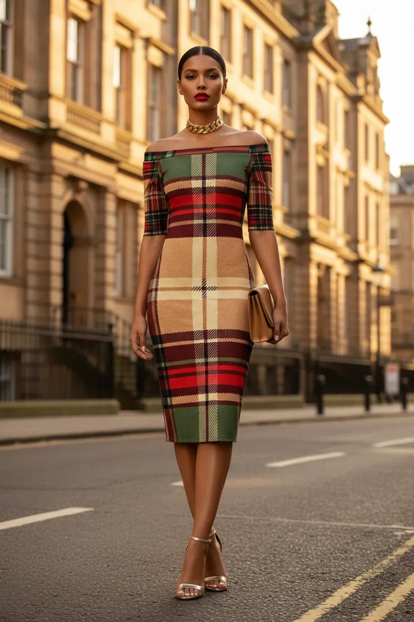 Affordable luxury tartan midi dress with sculpted silhouette
