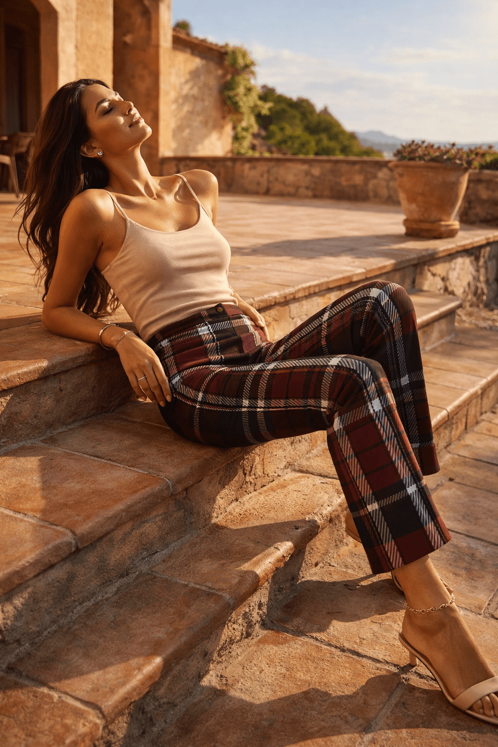 Heritage tartan flare pants women fabric and pattern detail