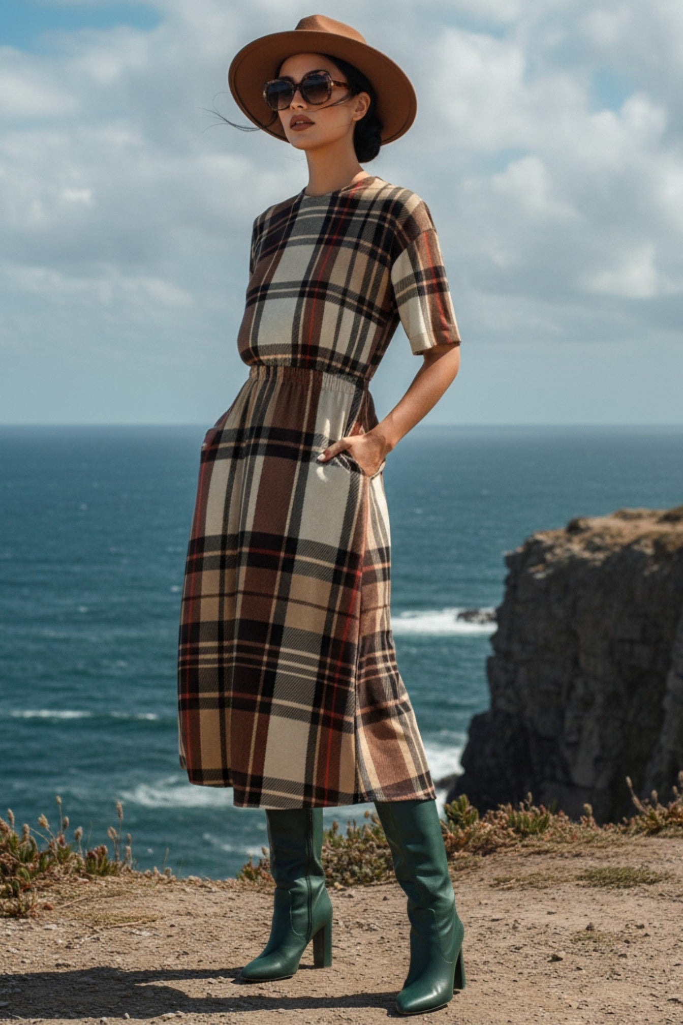 Styled look of heritage-inspired Dromberg Tartan midi dress – perfect autumn outfit