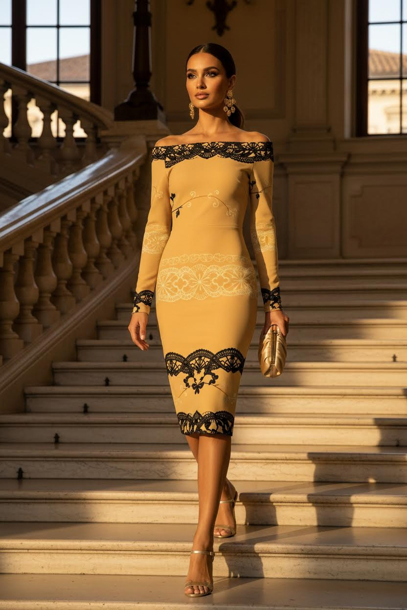 High end crème baroque bodycon dress with refined lace detailing