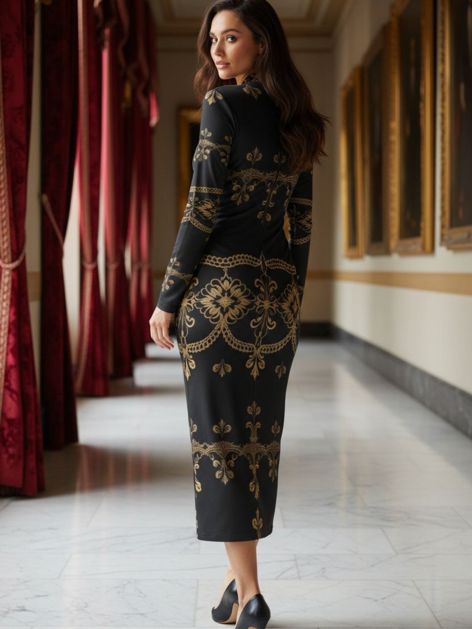 Woman wearing a baroque lace high neck midi dress with long sleeves and gold detailing from Angelic Blessings Shop