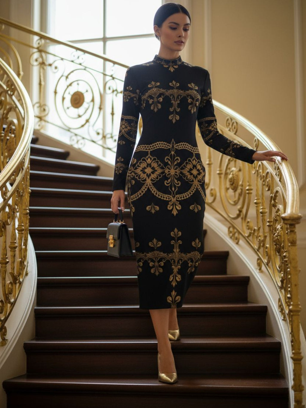 Woman wearing black baroque lace high neck midi dress with gold patterns standing on ornate staircase