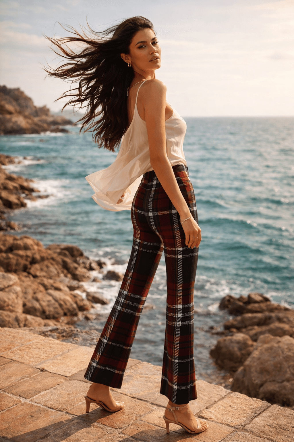 High waist plaid trousers women side view flare leg design