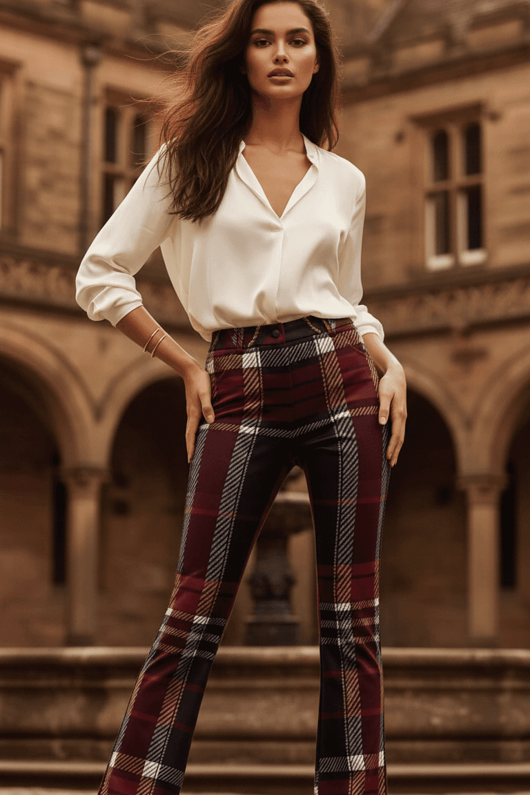 High waist tartan flare trousers for women Scottish heritage style