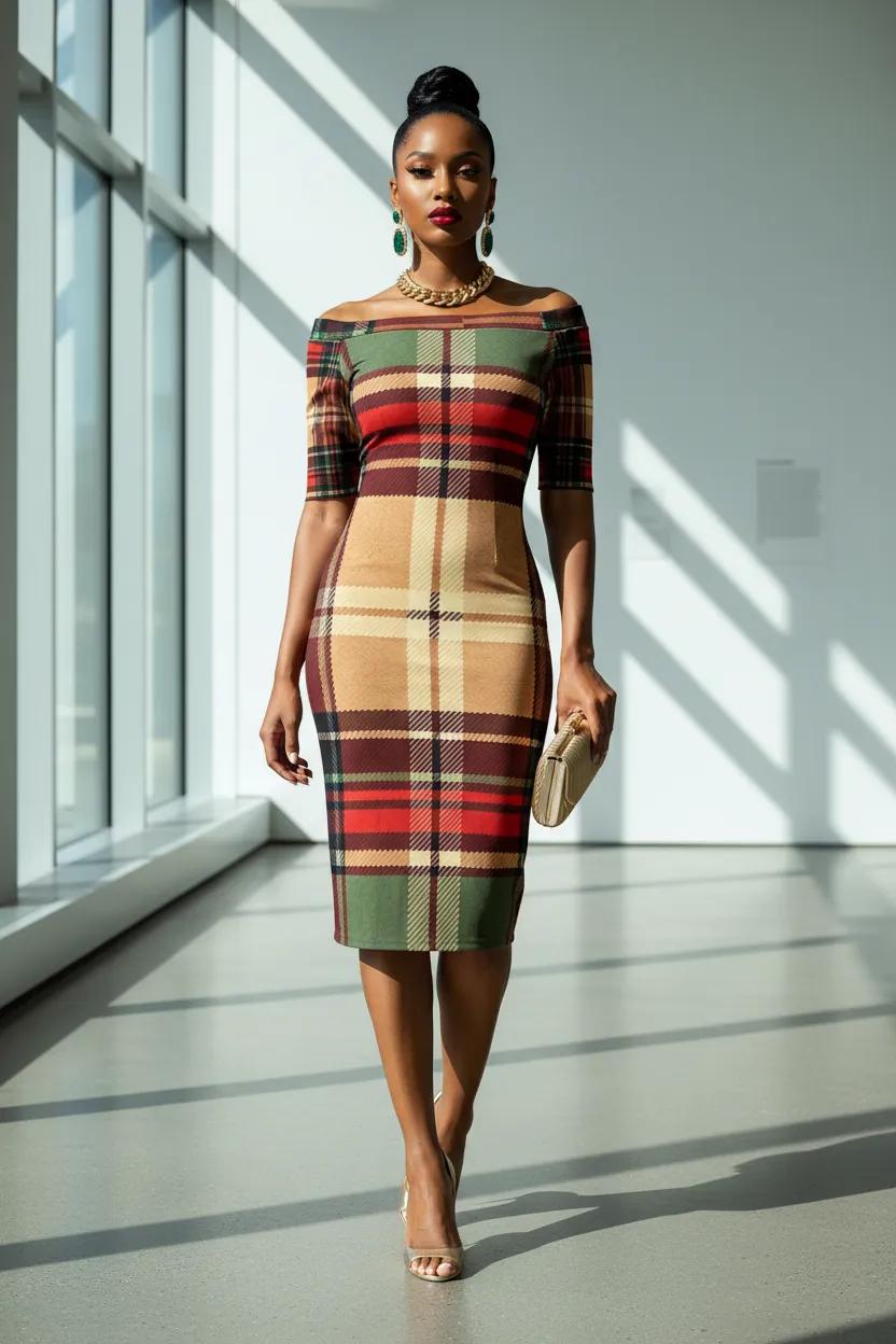 Heritage plaid pencil dress for business meeting and cocktail styling