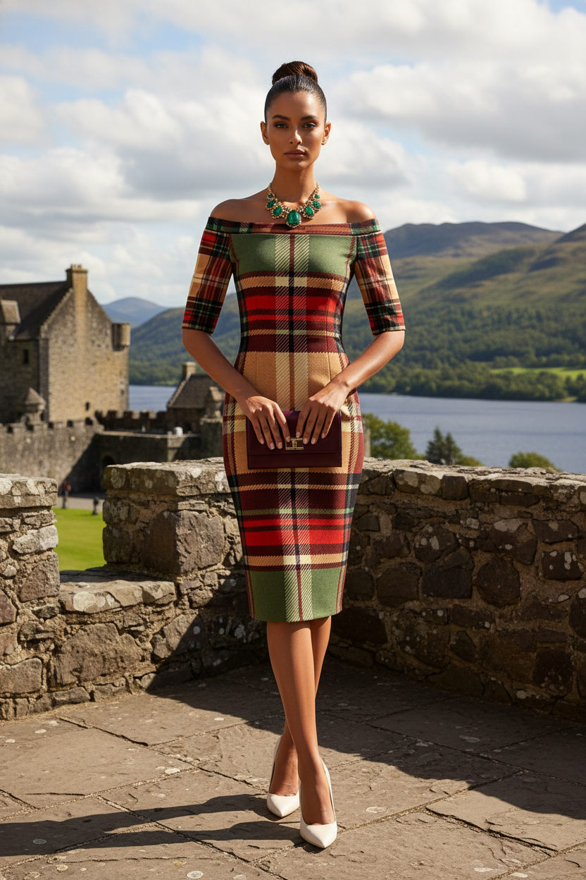 Highland tartan bodycon midi dress with sculpted silhouette for confident women