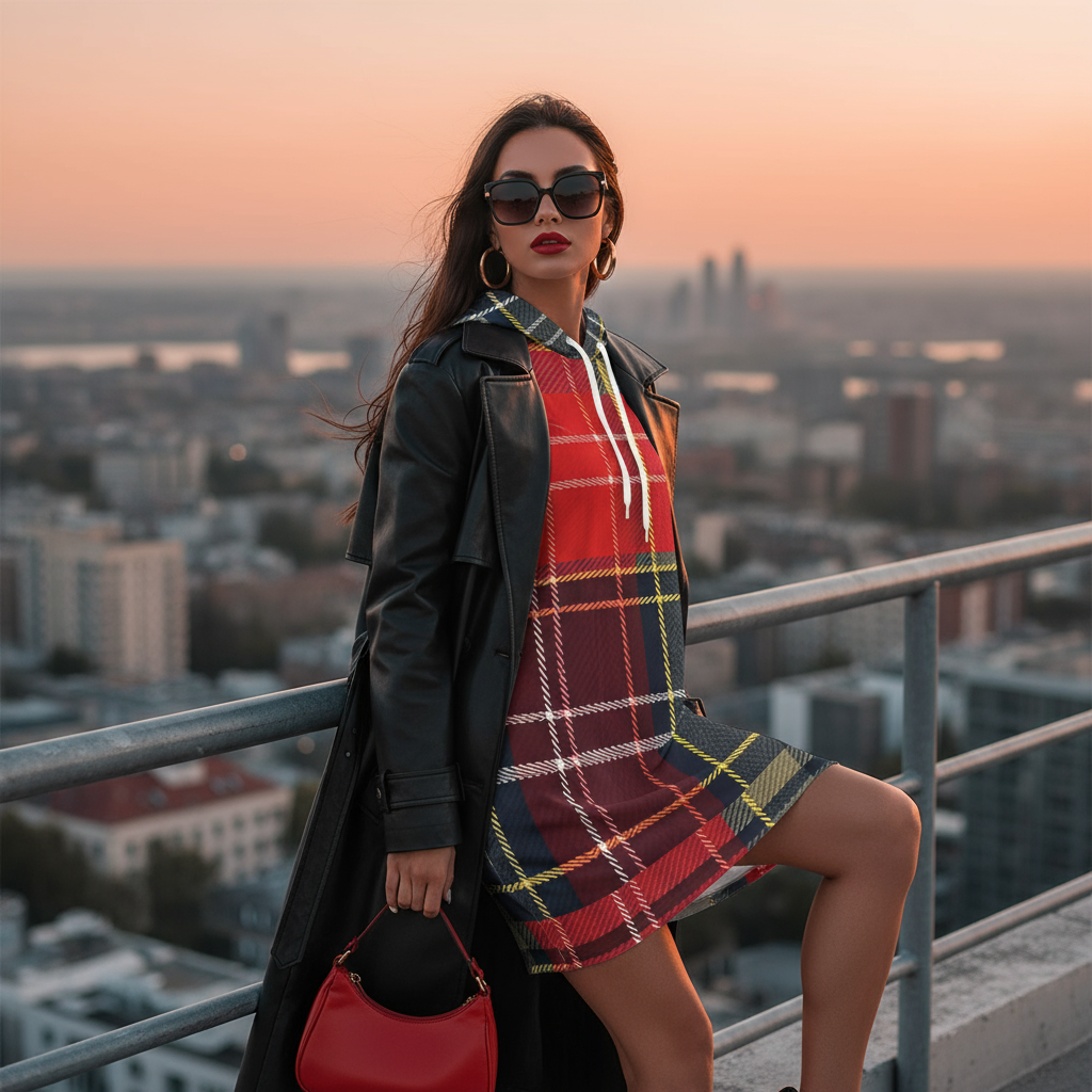 cottish tartan hoodie dress detail - soft plaid velvet fabric and comfortable fit"