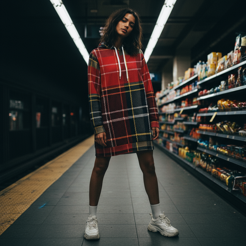 Plaid velvet hoodie dress close-up - authentic Scottish tartan print texture and quality"