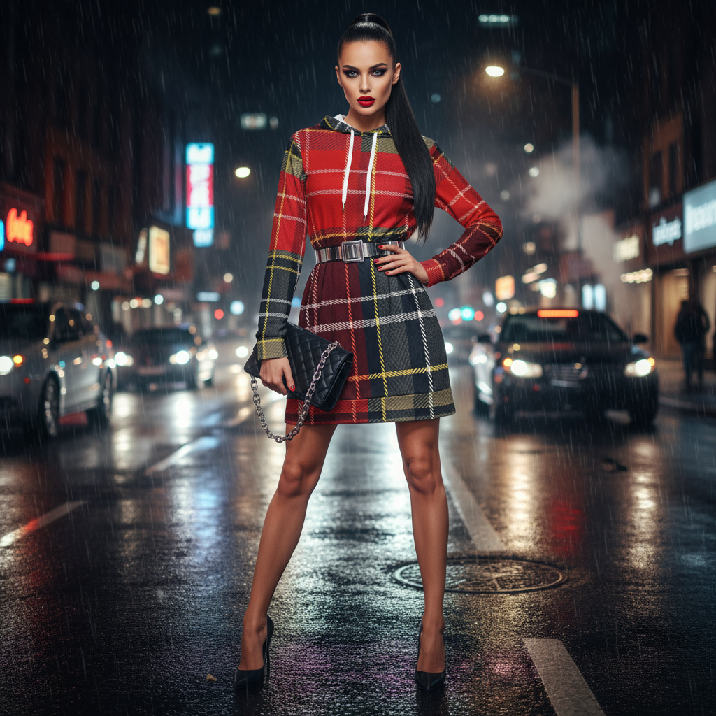 "Scottish tartan hoodie dress back view - comfortable winter dress with hood detail"