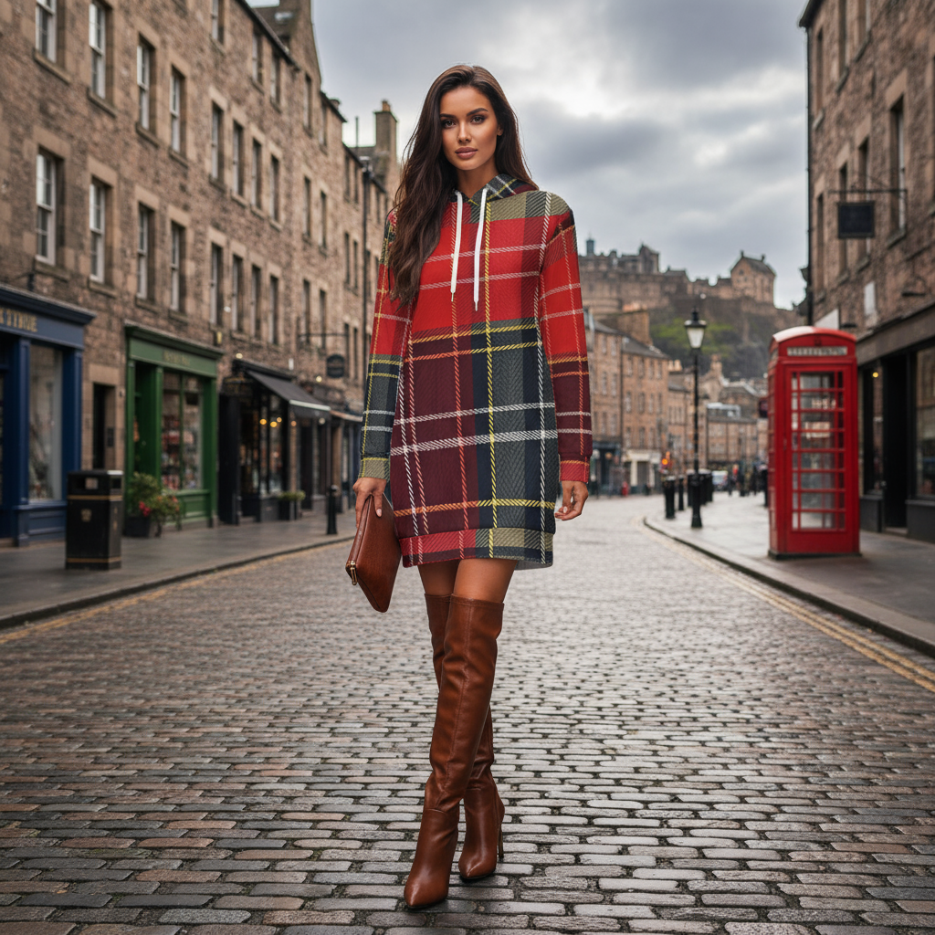 "Scottish heritage hoodie dress - full length view showing cozy winter comfort wear"
