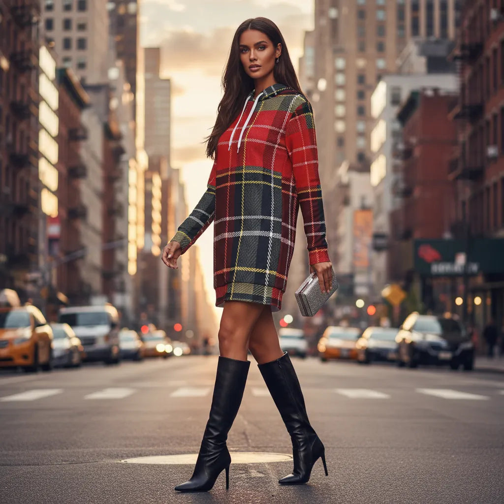 Woman wearing a Scottish tartan hoodie dress paired with black knee-high boots walking in the city