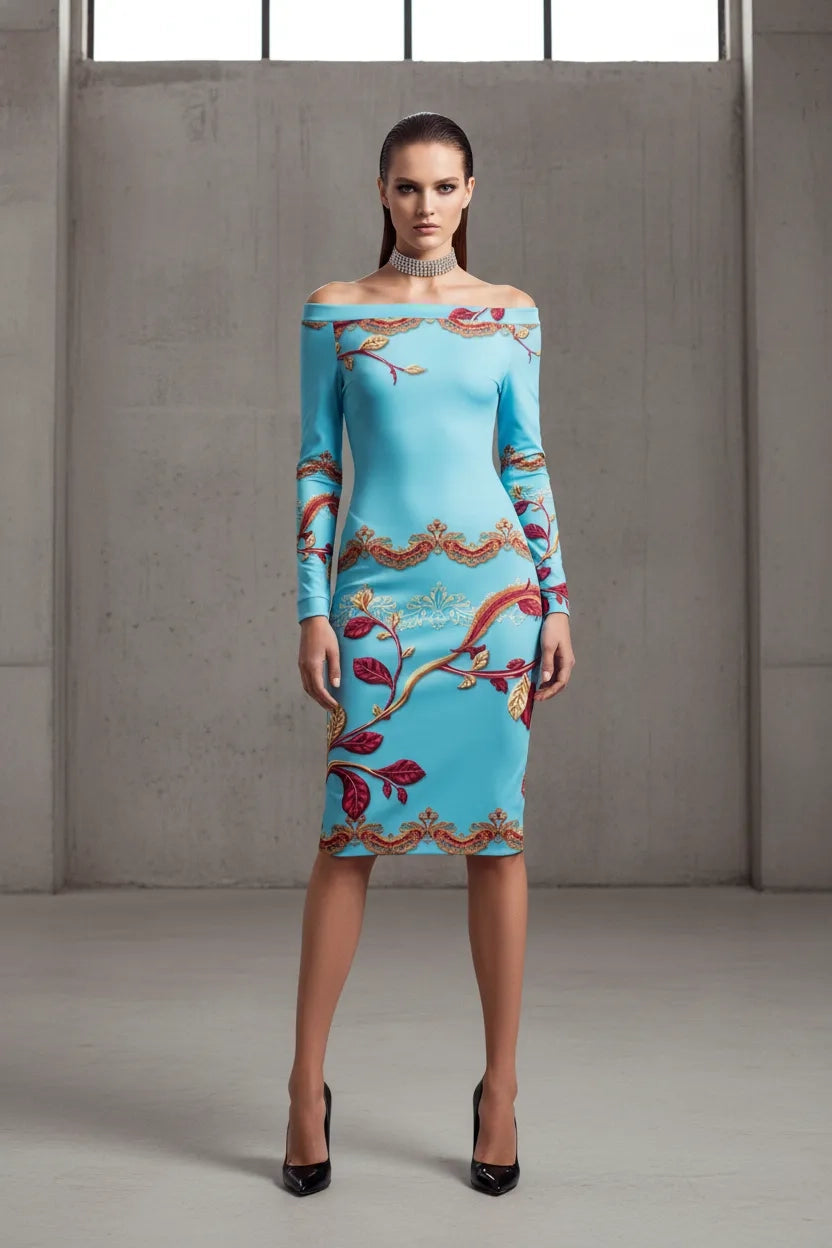 Angelic Blessings ice blue off-shoulder wrap dress with floral patterns and long sleeves