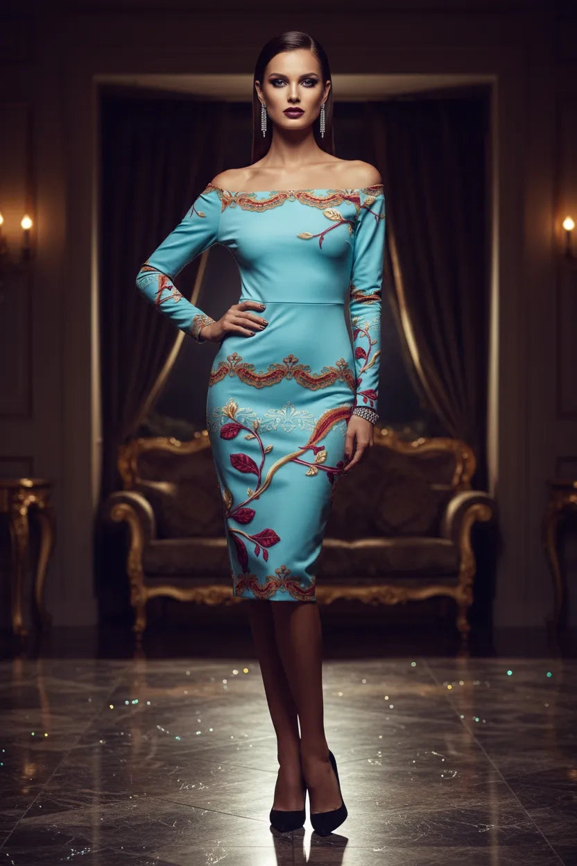 Angelic Blessings ice blue off-shoulder wrap dress with floral embroidery on model