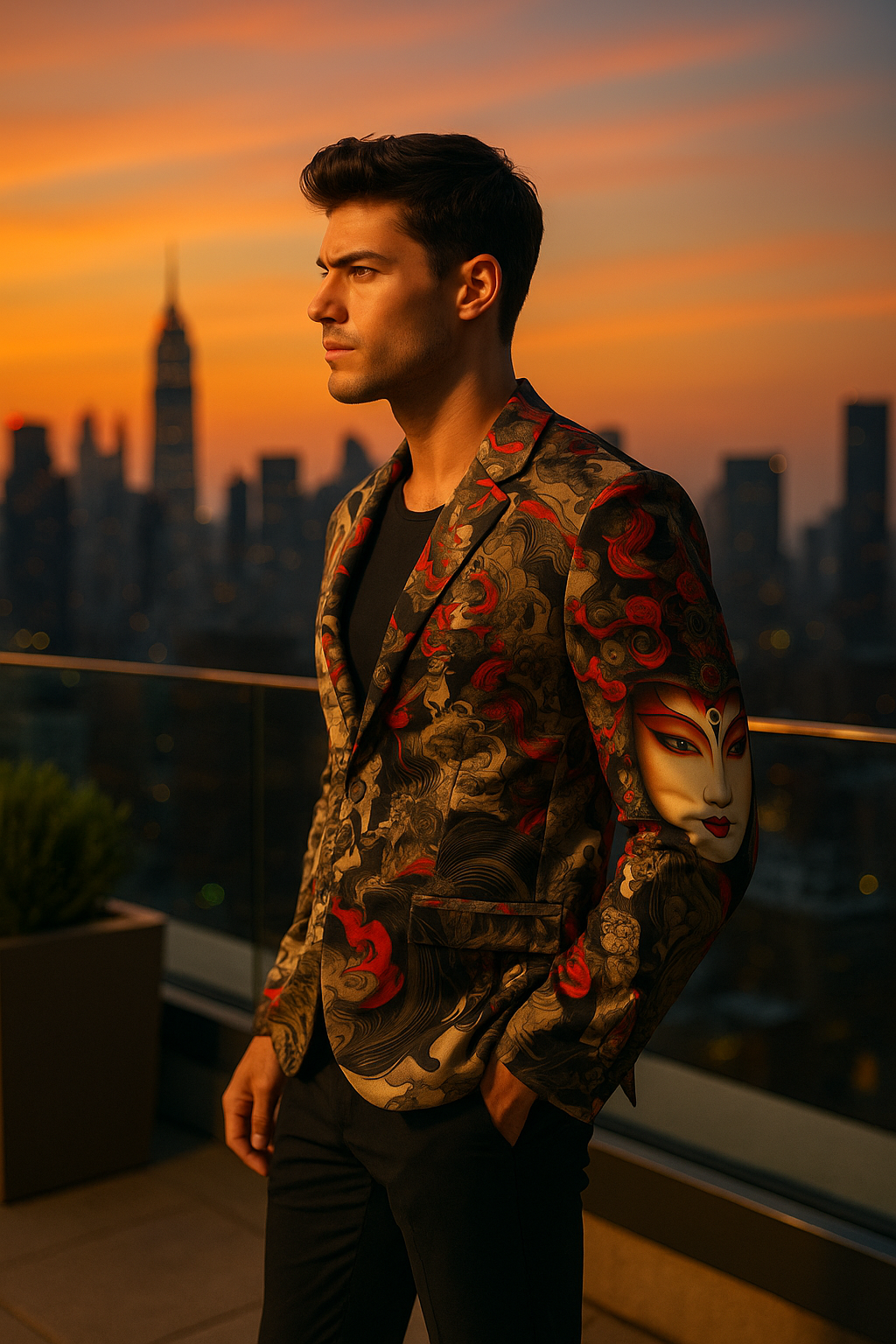 Imperial Oni Ink Art Blazer Clothing Mens Elegant Evening Outfit with Floral Pattern