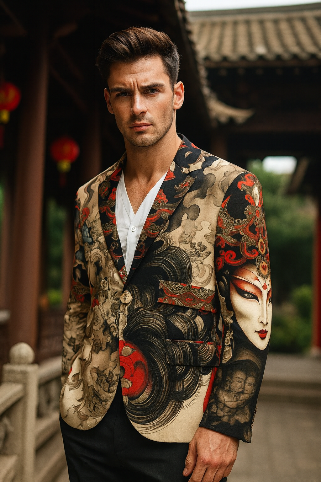 Imperial Oni Ink Art Blazer Clothing Mens Elegant Evening Outfit at Beach