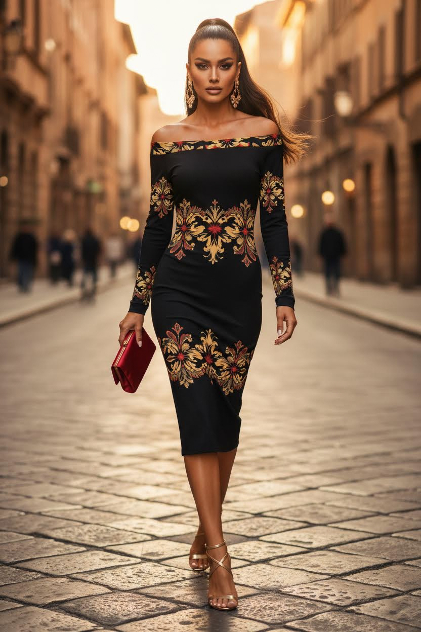 Italian inspired black and gold evening dress for formal events and galas