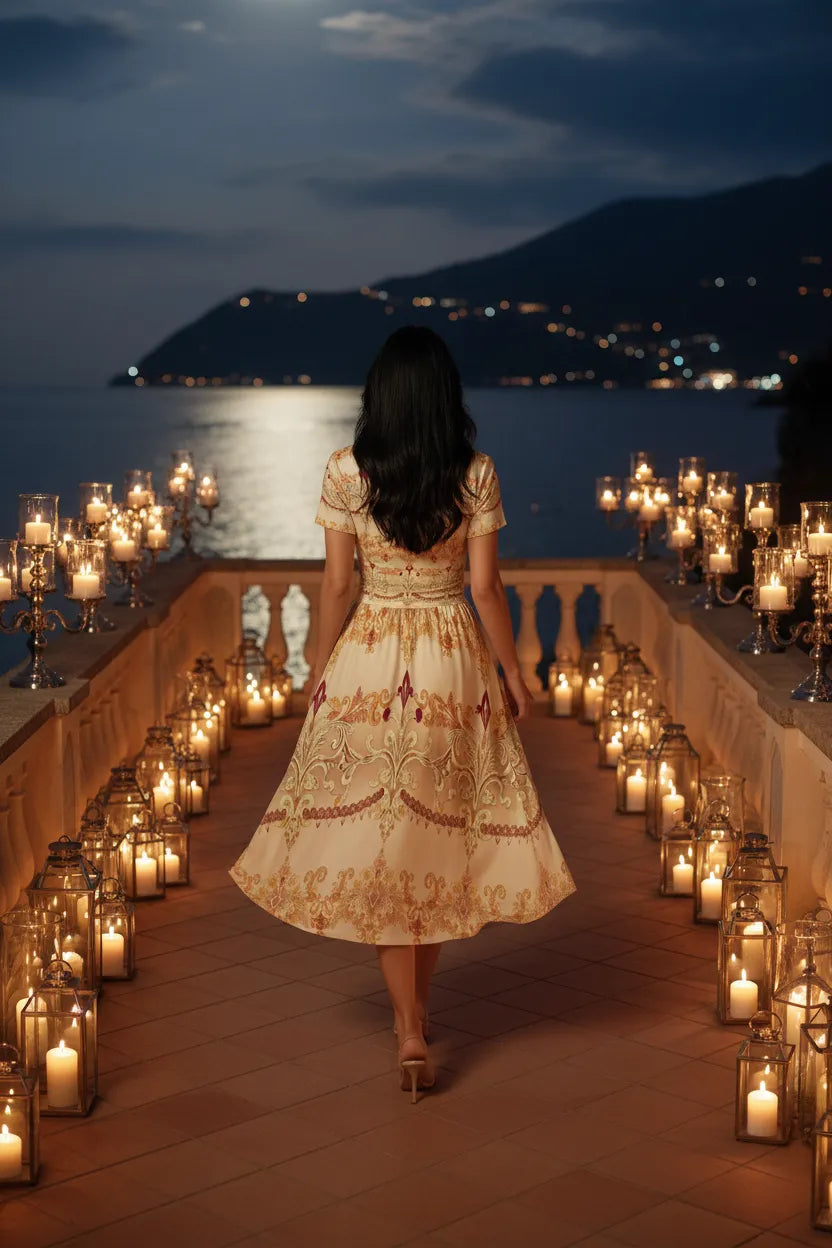 Angelic Blessing Shop ivory gold v-neck midi dress worn by woman walking on candlelit terrace at night