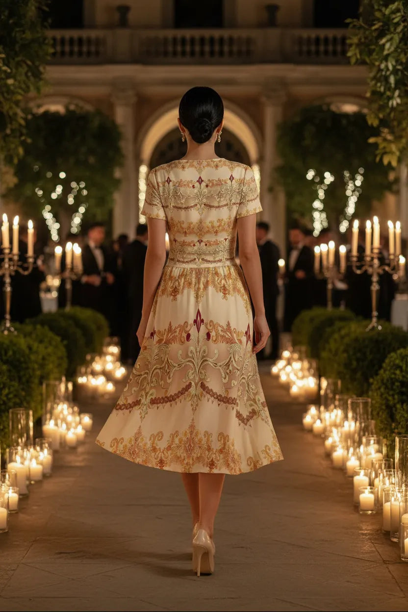 Back view of an ivory gold v-neck midi dress from Angelic Blessing Shop worn at an elegant candlelit evening event