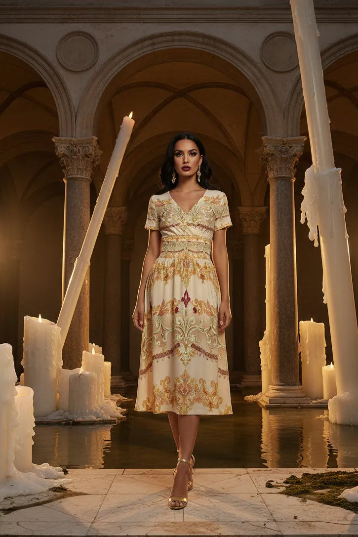 Ivory gold v-neck midi dress from Angelic Blessing Shop modeled in elegant setting with candles