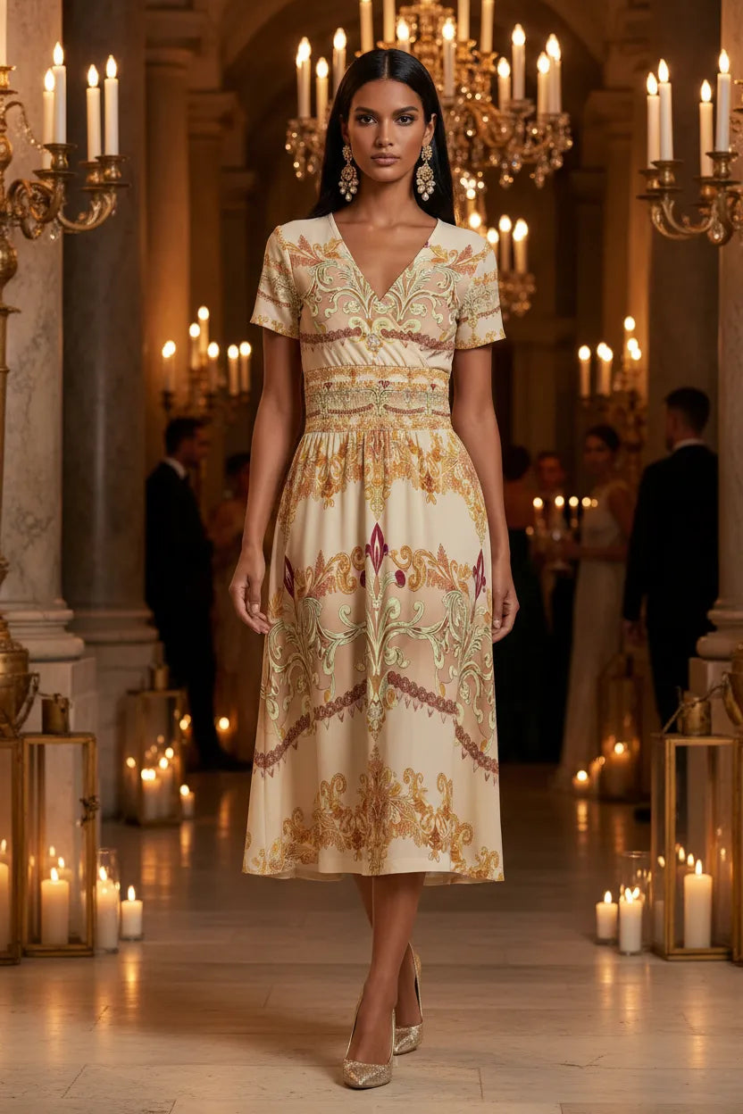 Angelic Blessing Shop ivory gold v-neck midi dress with short sleeves and intricate pattern