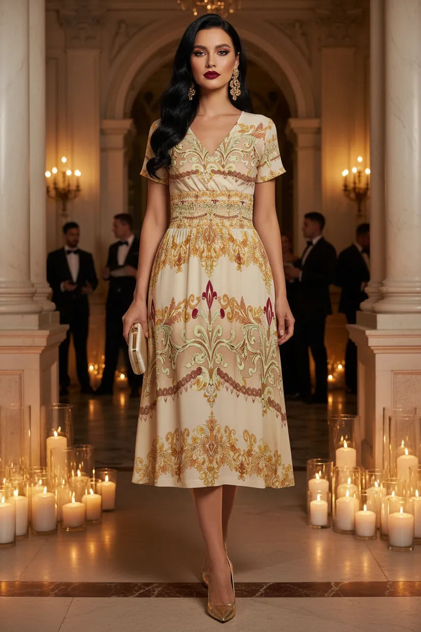 Ivory gold v-neck midi dress from Angelic Blessing Shop worn by a model in elegant setting
