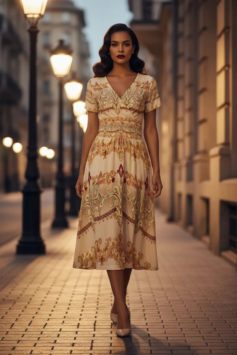 Ivory gold v-neck midi dress with intricate patterns worn by a woman on a city street