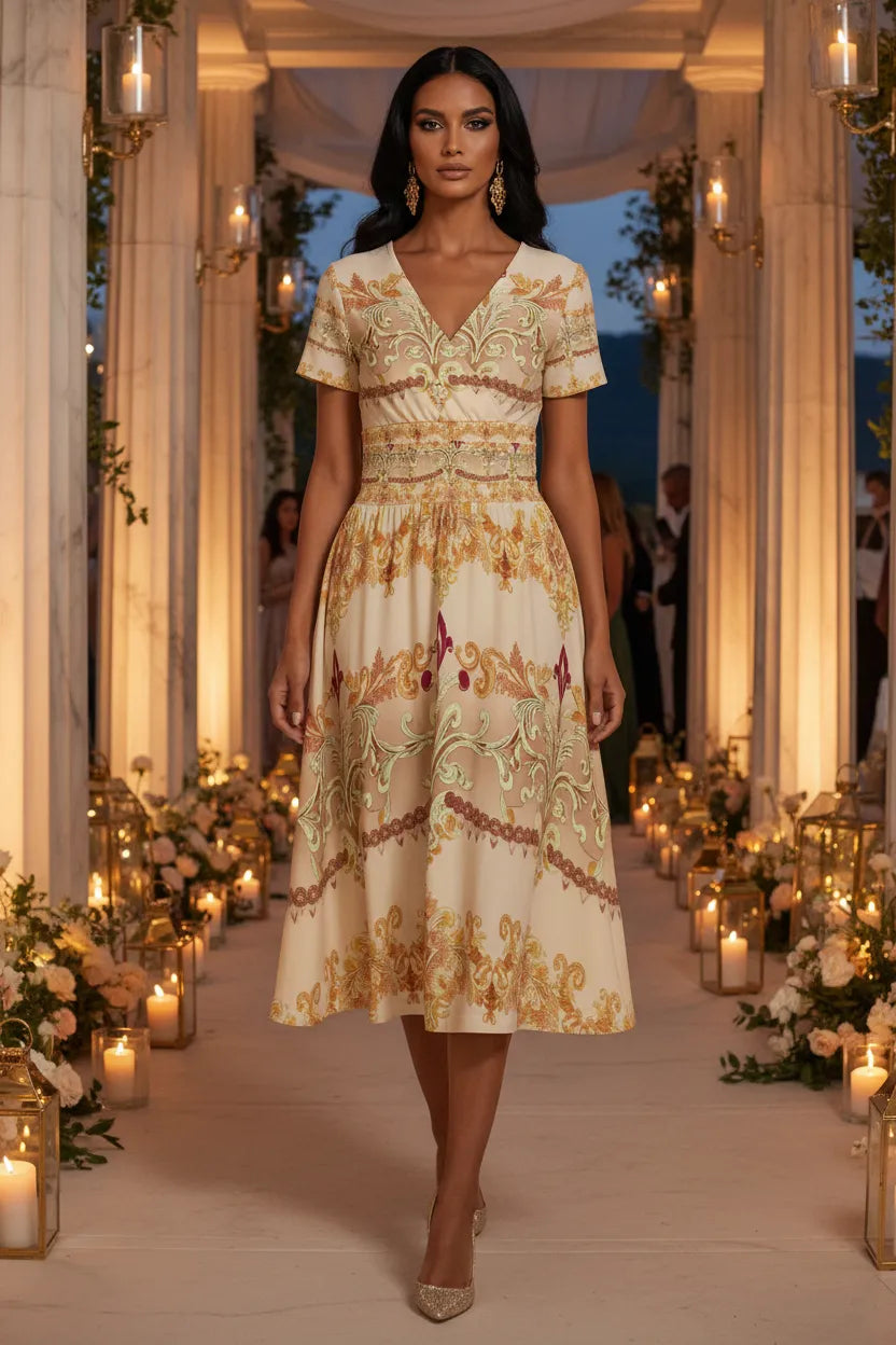 Angelic Blessing Shop ivory gold v-neck midi dress with intricate patterns and elegant short sleeves