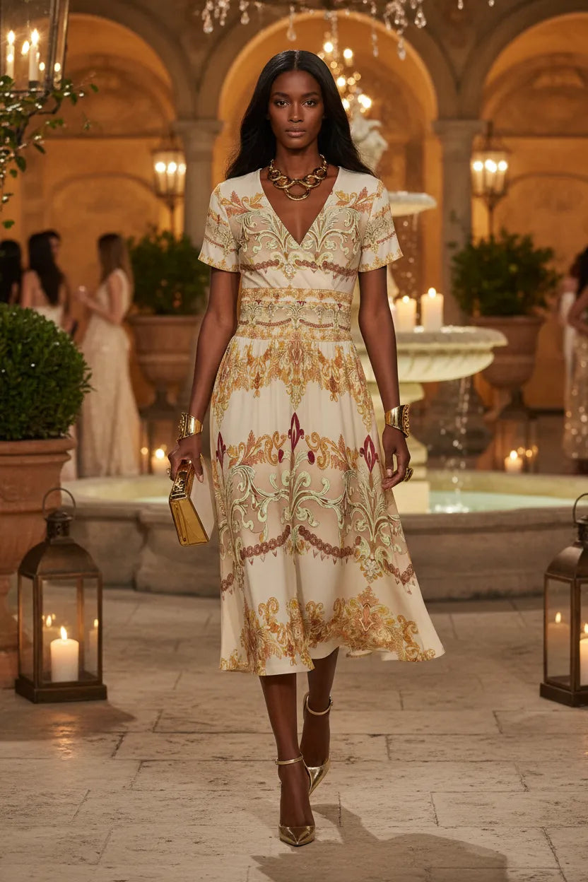 Angelic Blessing Shop ivory gold v-neck midi dress with floral pattern and short sleeves