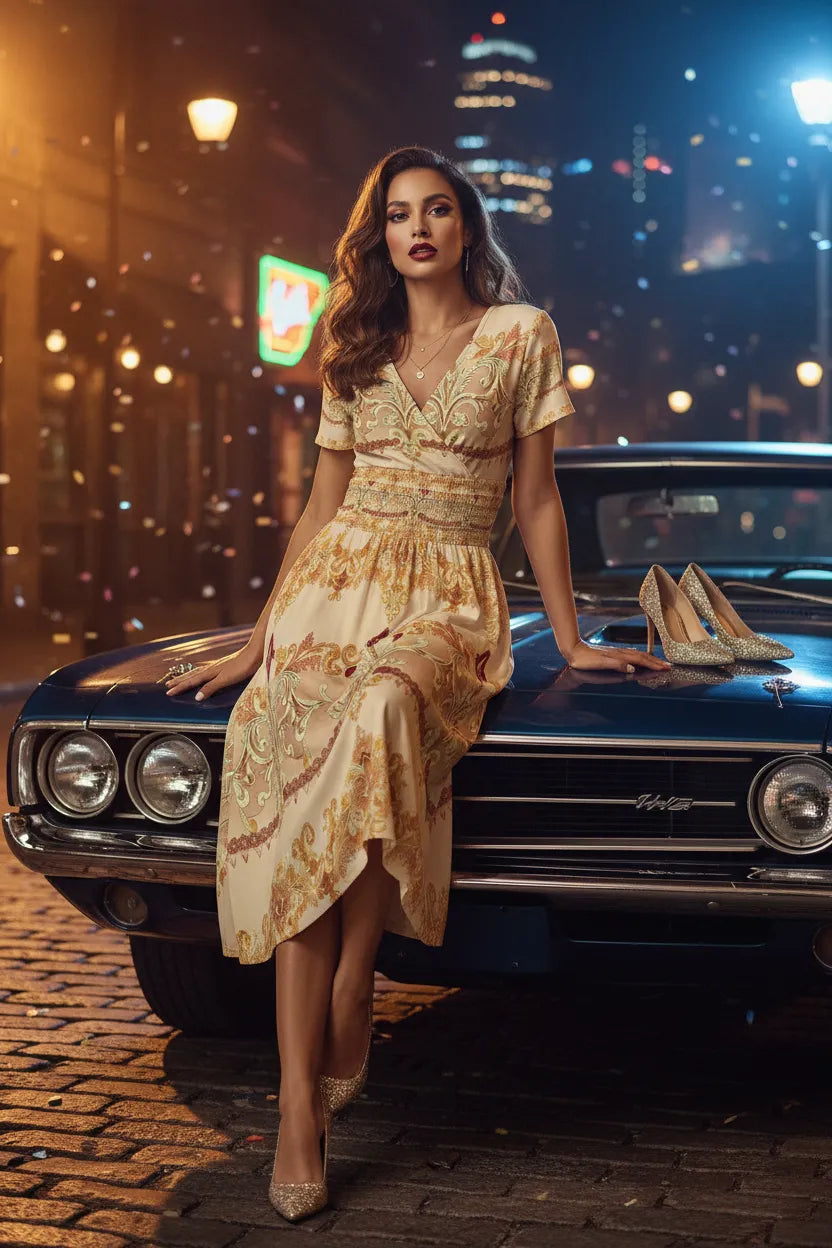Ivory gold v-neck midi dress worn by model sitting on classic car hood in city at night
