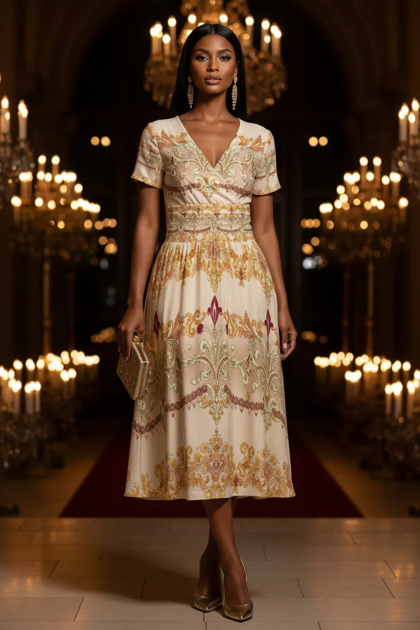 Ivory gold v-neck midi dress with intricate floral patterns and short sleeves from Angelic Blessing Shop