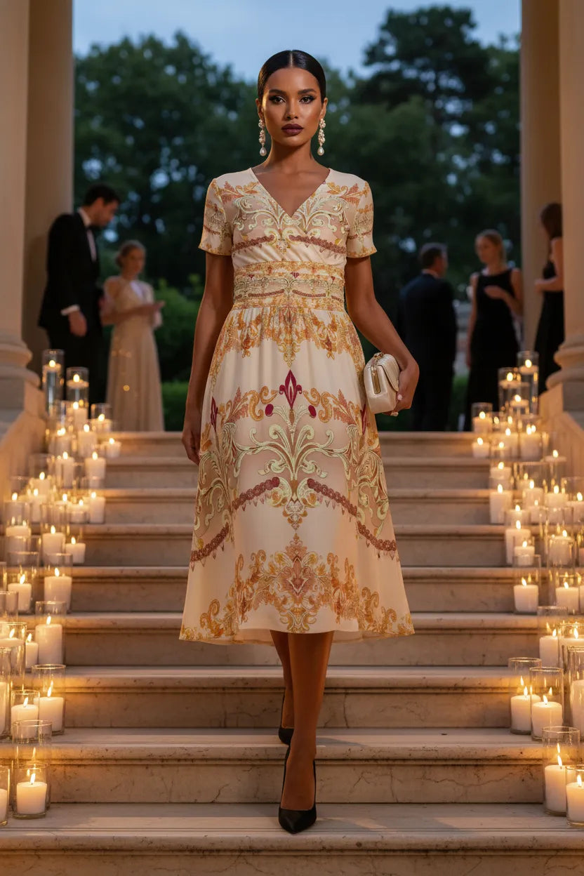 Angelic Blessing Shop ivory gold v neck midi dress with intricate patterns worn by model on candlelit stairs