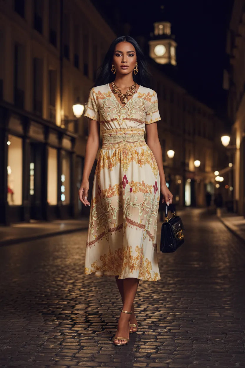 Woman wearing ivory gold v-neck midi dress with short sleeves and floral pattern walking on cobblestone street