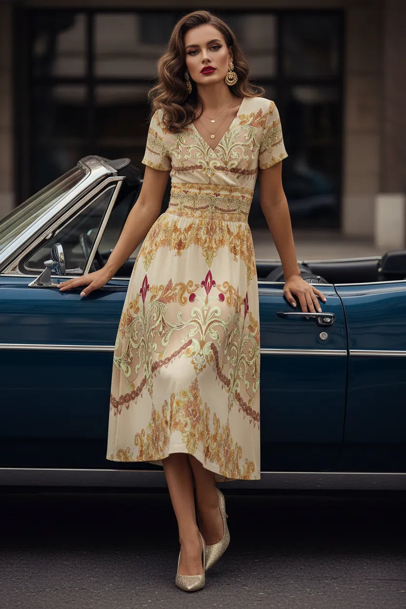 Woman wearing ivory gold v-neck midi dress with intricate patterns standing beside a blue vintage car