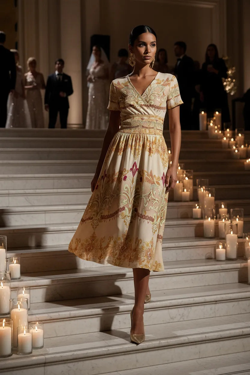 Woman wearing an ivory gold v-neck midi dress with short sleeves walking down candlelit stairs
