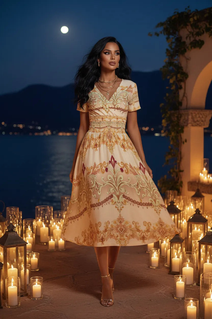 Woman wearing ivory gold v-neck midi dress standing among lit candles at night by the water