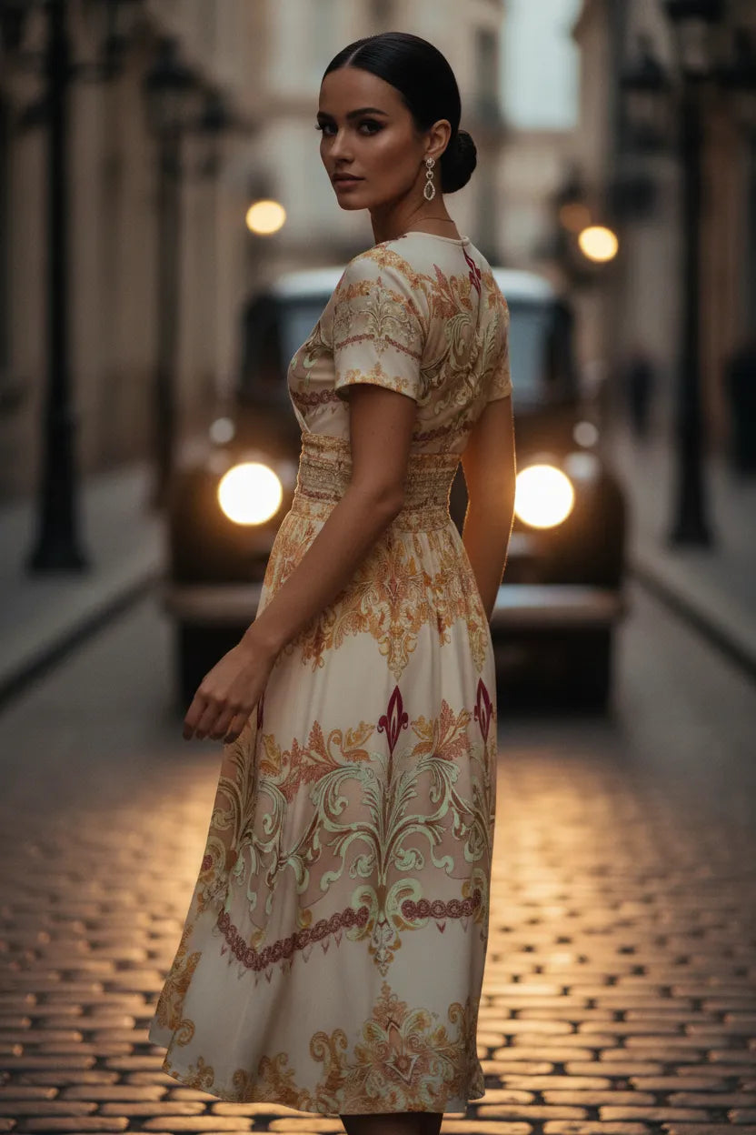 Woman wearing ivory gold v-neck midi dress with intricate patterns standing on cobblestone street