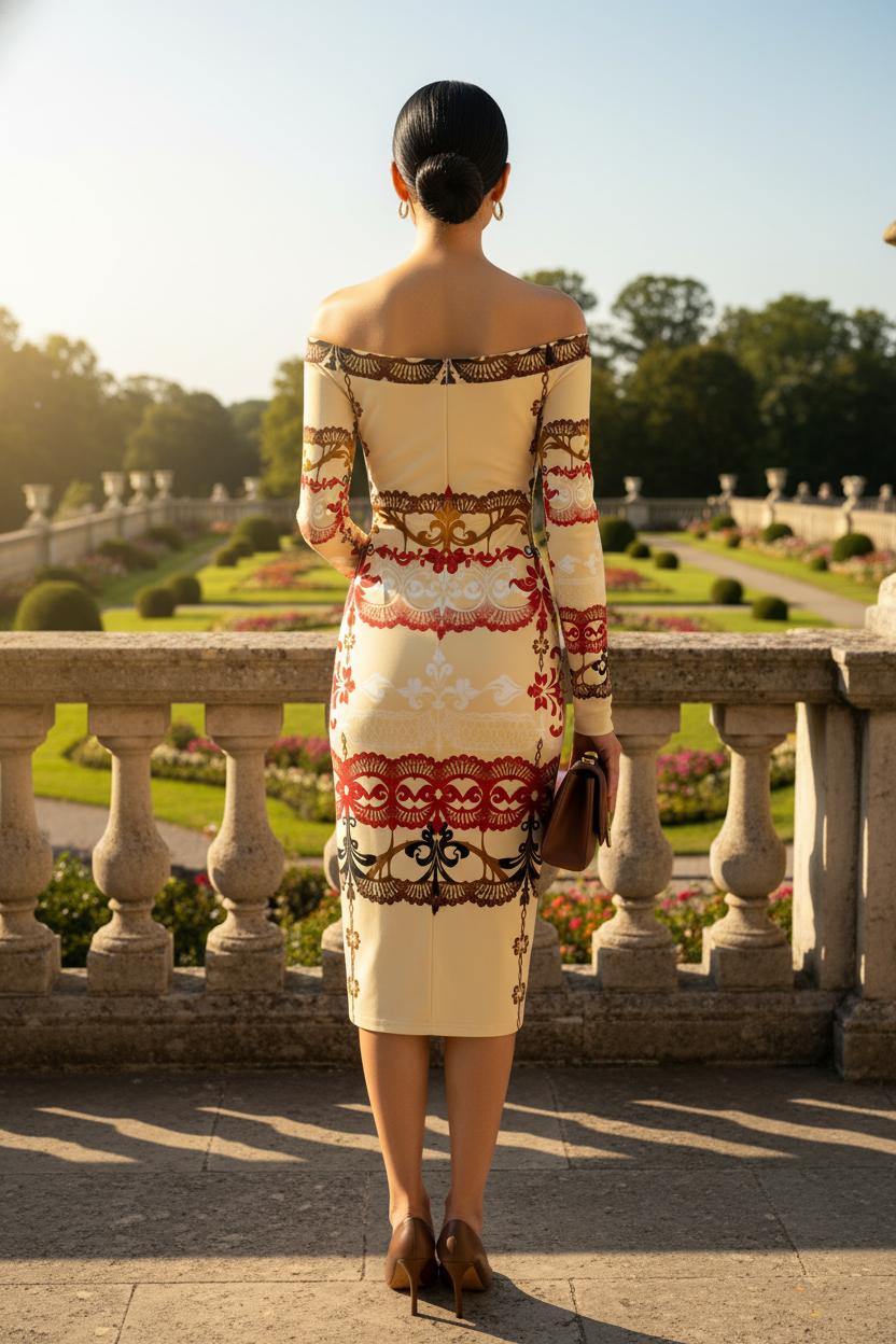 Woman wearing an ivory lace midi dress for women with long sleeves and floral patterns by Angelic Blessings Shop