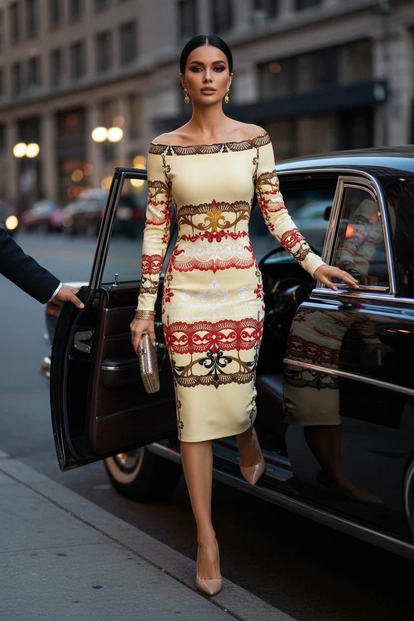 Elegant ivory lace midi dress for women with long sleeves and intricate patterned design