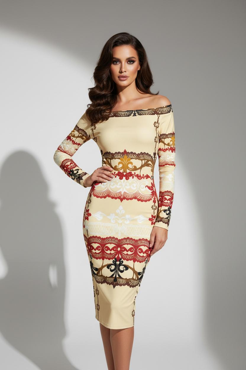 Angelic Blessings Shop ivory lace midi dress for women with long sleeves and intricate pattern design