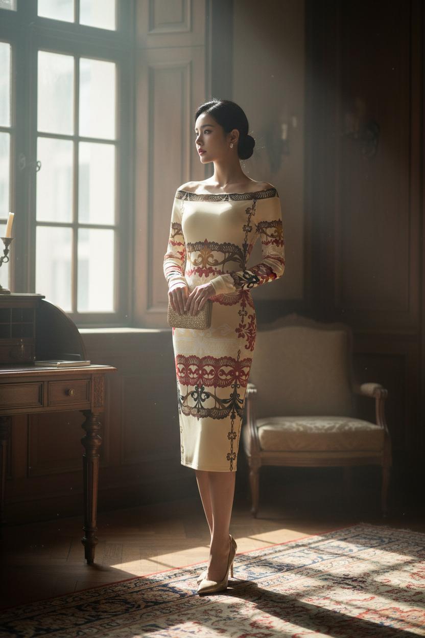 Ivory lace midi dress for women with long sleeves and intricate red and black patterns