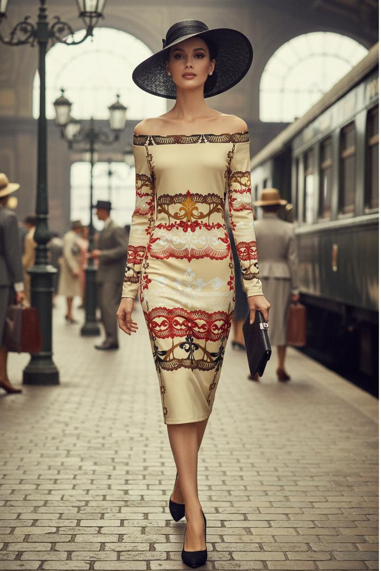 Ivory lace midi dress for women with long sleeves and off-shoulder design by Angelic Blessings Shop